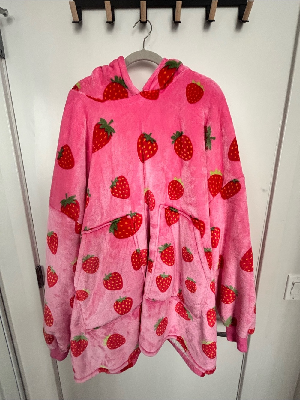 Pink Strawberry Print Oversized Hoodie Blanket